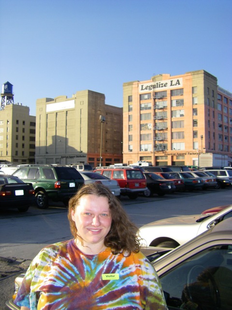 Amanda in front of the American Apparel factory in downtown LA.