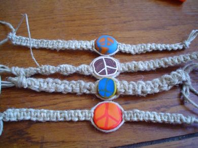 Peace Sign Polymer Clay Bead Hemp Bracelet.
