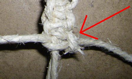  Remembering what side to tie the next knot on is easy.  Just look for what side the last bump of hemp cord is on.  Just continue working on whatever side the bump is on.  In this picture it is on the right hand side.
